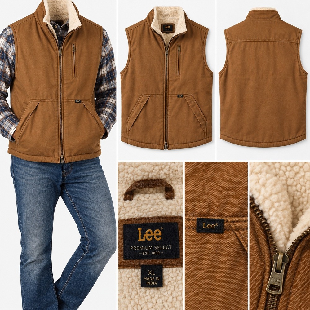 Lee Premium Select Mens XL Brown Sherpa Lined Canvas Workwear Vest